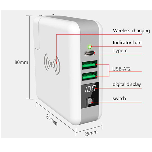4 in 1 Multi-function charger power bank 2A 3 port wall charger with detachable plug head + type c qi wireless plus power bank
